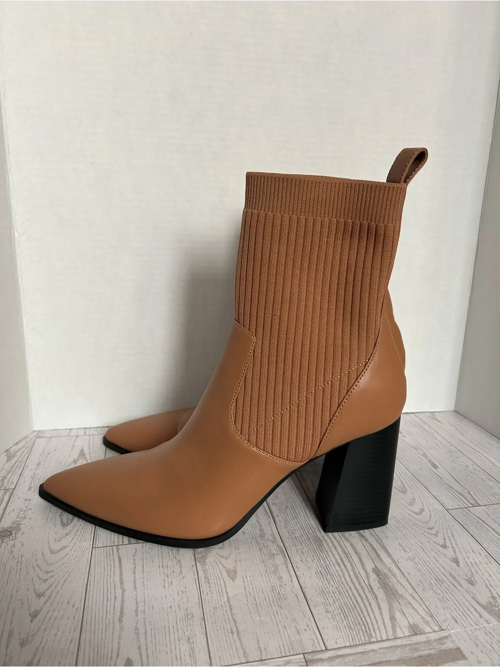 Women's Tan Knit-Shaft Pointed Ankle Booties